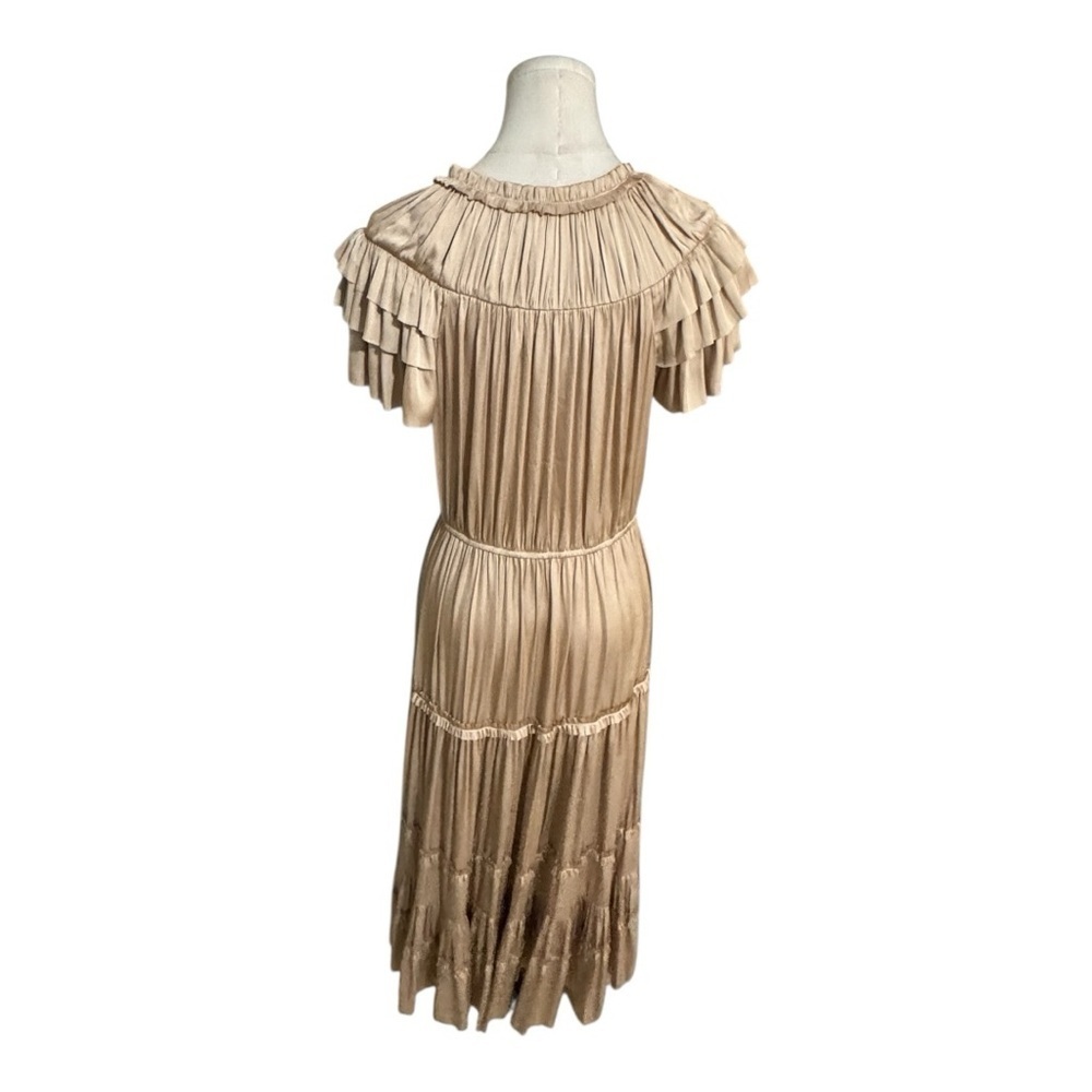 RESET by Jane Kianna Dress Gold Tan Ruffle Midi Dress M Wedding Party Silky Trip - Picture 4 of 7